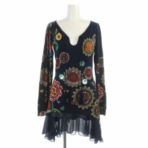 【中古】デシグアル Desigual フレアワンピース ニット フリル シアー キーネック ビジュー スパンコール XS 紺