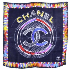 【中古】シャネル CHANEL 19年製 スカーフ ストール 総柄 ココマーク シルク イタリア製 紺 白 レディース