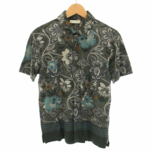 【中古】エトロ ETRO ポロシャツ ハーフボタン 半袖 花柄 コットン S カーキ 紺 ネイビー /YT メンズ