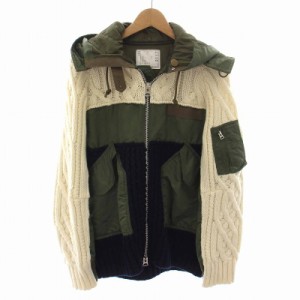 【中古】サカイ CABLE KNIT MA-1 JACKET 再構築 ケーブルニット ジャケット ドッキング ジップアップ 1 S カーキ 白