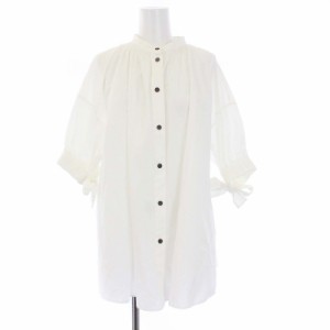 【中古】エンフォルド 23SS GATHER-SLEEVE BLOUSE シャツ ブラウス バンドカラー 五分袖 リボン ギャザー 38 M 白