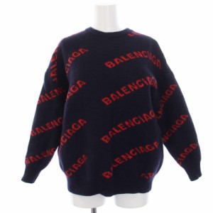 【中古】バレンシアガ BALENCIAGA ジャガードロゴ ニット セーター 長袖 クルーネック ウール XS 紺 レディース