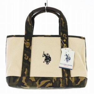 【中古】未使用品 U.S. POLO ASSN. キャンバストートバッグ ハンドバッグ レザー カモフラ 迷彩柄 白 ホワイト カーキ