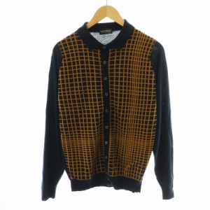 【中古】ジョンスメドレー JOHN SMEDLEY カーディガン 長袖 チェック柄 ウール M 紺 ネイビー 茶 ブラウン