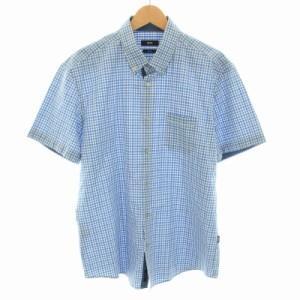 【中古】ヒューゴボス HUGO BOSS SLIM FIT シャツ ボタンダウン 半袖 ギンガムチェック XL 水色 白 ■GY32 メンズ