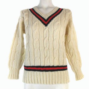 【中古】Temsley 手編み ニット セーター ケーブル Vネック ライン ウール 英国製 白 アイボリー L レディース