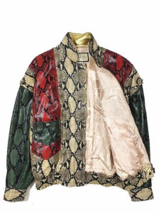 【中古】美品 18AW グッチ GUCCI パイソン プリント レザー ボンバー ジャケット アウター 2WAY スタッズ グリーン