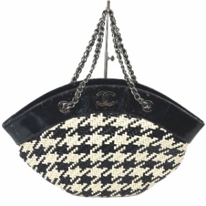 【中古】シャネル CHANEL ハウンドトゥース 千鳥格子 チェーンショルダー トートバッグ かごバッグ ココマーク