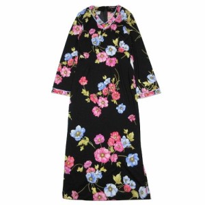 美品✨レオナール　ワンピース　花柄　ドッキング　黒×ピンク　七分袖　1 S