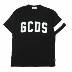 【中古】GCDS ジーシーディーエス ロゴ プリント Tシャツ カットソー 袖ライン 半袖 丸首 黒 ブラック XS メンズ 