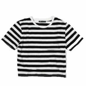 【中古】ザラ ZARA クロップド ストレッチ Ｔシャツ カットソー ショートスリーブ ボーダー 半袖 白 黒 S レディース 