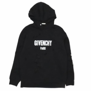 【中古】ジバンシィ GIVENCHY ブランドロゴ パーカ フーディー デストロイドエフェクト 穴あき ダメージ加工 長袖 黒 ブラック メンズ 