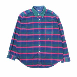 【中古】トミーヒルフィガー TOMMY HILFIGER 衿コーデュロイ チェックシャツ ボタンダウン 長袖 グリーン XL メンズ YBA2 