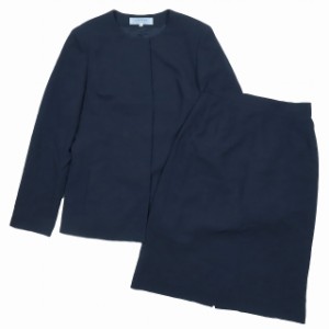 【中古】ランバン LANVIN フォーマルウェア 礼服 喪服 スーツセットアップ ノーカラー タイトスカート ネイビー