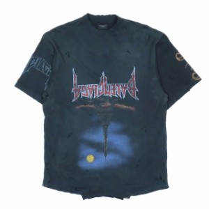 【中古】23SS バレンシアガ BALENCIAGA PARIS MOON メタルロゴ 再構築 ダメージ加工 オーバーサイズ Tシャツ 半袖 黒 ブラック 2 メンズ 