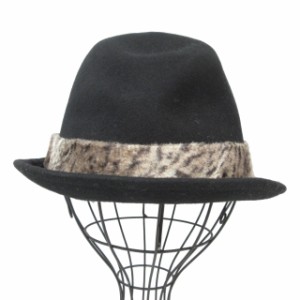 【中古】ニューエラ NEW ERA 美品 近年 ウールハット 中折れ帽子 レオパードファー ロゴピンズ ブラック 黒 L