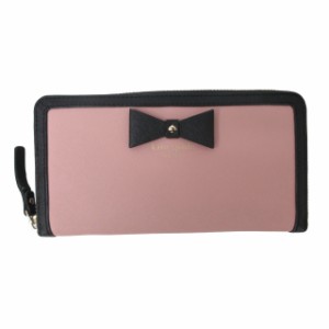 【中古】ケイトスペード KATE SPADE レザー長財布 ウォレット リボン ロゴ ブラック×ピンク 黒 IBO47 0211