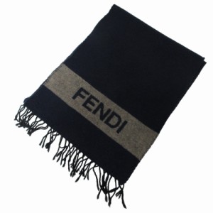 【中古】フェンディ FENDI ウールマフラー ストール ショール ロゴ イタリア製 紺 ネイビー 0315 IBO48 メンズ