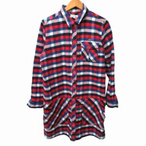 【中古】ラコステ LACOSTE 美品 シャツワンピース ブラウス チェック柄 ロゴ刺? 長袖 赤 マルチカラー 約L-XL ■GY31