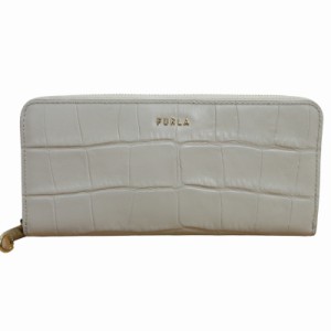 【中古】フルラ FURLA 美品 クロコ型押し レザーウォレット 長財布 ゴールド金具 白系 オフホワイト 0512 レディース