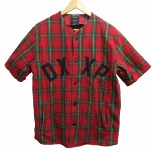 【中古】テンディープ 10Deep 美品 ノーカラーシャツ チェック柄 DXXP ユニフォームシャツ 半袖 レッド 赤 緑 L