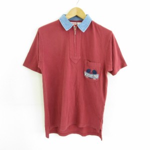 【中古】MICKEY,INC ハーフジップ ポロシャツ 半袖 ミッキー 刺繍 赤 S *T650 メンズ