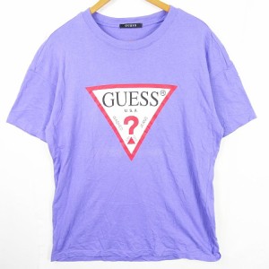 【中古】ゲス GUESS Tシャツ カットソー 半袖 綿 L パープル プリント kz6295 メンズ