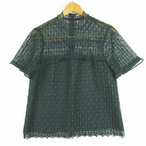 【中古】ザラウーマン ZARA WOMAN レース ブラウス ハイネック 半袖 M グリーン 4437/248 kz7889 レディース