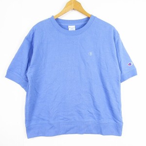 【中古】チャンピオン CHAMPION Tシャツ カットソー 半袖 綿 L ブルー ロゴ 刺繍 kz8114 レディース