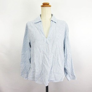 【中古】H&M シャツ 長袖 スキッパー ストライプ 麻混 EUR XS US XS ブルー×ホワイト ※EKM レディース