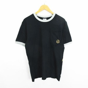 【中古】未使用品 24カラッツ Tシャツ 半袖 丸首 ロゴ 刺繍 プリント L ブラック×グレー×ゴールド ※EKM メンズ