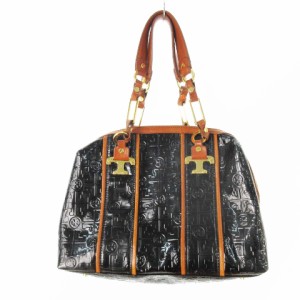 【中古】トリーバーチ TORY BURCH ハンドバッグ 型押し 黒 ブラック ブラウン ゴールド金具 エナメル パテントレザー 鞄 レディース