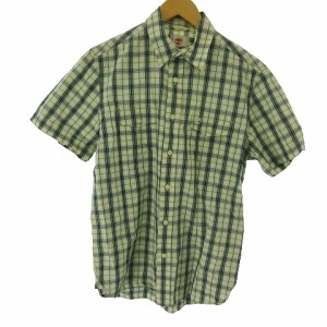 【中古】ティンバーランド Timberland レギュラーフィット 美品 チェックシャツ ロゴ刺繍 グリーン XSサイズ メンズ