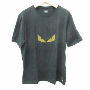 【中古】未使用品 フェンディ FENDI Tシャツ カットソー 半袖 丸首 モンスター ビジュー クリスタル ラインストーン 黒 ブラック 黄 58