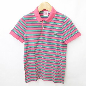 【中古】ラコステ ライブ Lacoste L!VE ポロシャツ 半袖 ロゴ ボーダー 綿 ピンク 緑 紫 グリーン パープル 2 メンズ