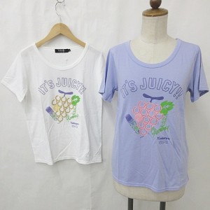 【中古】未使用品 ダブルフォーカス Tシャツ 2枚セット 半袖 丸首 企業コラボ カバヤ ジューシー 紫 白 パープル ホワイト M