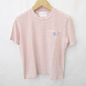 【中古】アーバンリサーチ フォークアンドスプーン FORK&SPOON カットソー Tシャツ 半袖 丸首 ロゴ ボーダー オレンジ ホワイト 05 