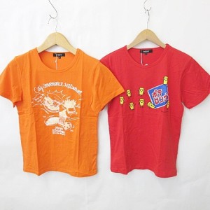 【中古】未使用品 Double focus Tシャツ 2枚セット 半袖 丸首 企業コラボ プリント イラスト 綿 オレンジ レッド S メンズ