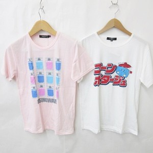 【中古】未使用品 Doublefocus Tシャツ 2枚 企業コラボ RISINGWAVE コーンポタージュ 半袖 丸首 文字 プリント 綿 ピンク 白 M