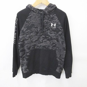 【中古】アンダーアーマー UNDER ARMOUR スポーツ ウエア パーカー 長袖 プルオーバー プリント 迷彩柄 裏起毛 リブ グレー 黒 LG