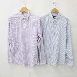 【中古】ギャップ GAP シャツ 2枚セット 長袖 ボタンダウン ストレッチ 綿 チェック ストライプ 紫 青 白 パープル ブルー ホワイト L