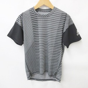 【中古】アディダス adidas FREELIFT Tシャツ 半袖 クルーネック ボーダー 幾何学 ロゴ グレー 黒 L メンズ