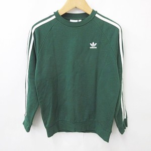 【中古】アディダスオリジナルス adidas originals トレーナー スウェット 長袖 丸首 ロゴ ライン 裏起毛 緑 白 グリーン ホワイト M 