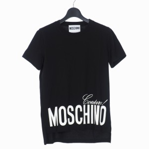 【中古】未使用品 モスキーノ MOSCHINO ロゴ プリント アシンメトリ Tシャツ カットソー 半袖 40 黒 ブラック A0703