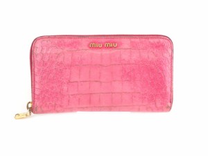 【中古】ミュウミュウ miumiu 長財布 クロコ型押し ラウンドファスナー ピンク /mm レディース