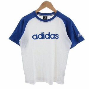 【中古】アディダス adidas Tシャツ 半袖 丸首 ロゴ コットン ホワイト 白 ブルー 青 140 キッズ