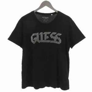 【中古】ゲス GUESS Tシャツ 丸首 半袖 立体ロゴ コットン ブラック 黒 シルバー M メンズ