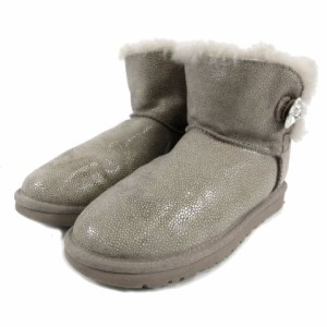 【中古】アグ UGG ムートンブーツ ショート ビジューボタン 裏地ファー 総柄 グレー系 アイボリー 23 レディース