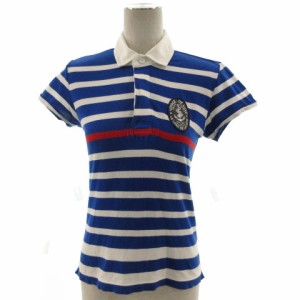 【中古】ラルフローレン RALPH LAUREN ポロシャツ 半袖 ボーダー ワッペン ブルー 青 ホワイト 白 L レディース