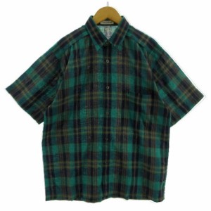 【中古】バジエ VAGIIE シャツ 半袖 ロゴ刺繍 リネン混 チェック グリーン 緑 ネイビー 紺 ブラウン 茶 46 メンズ